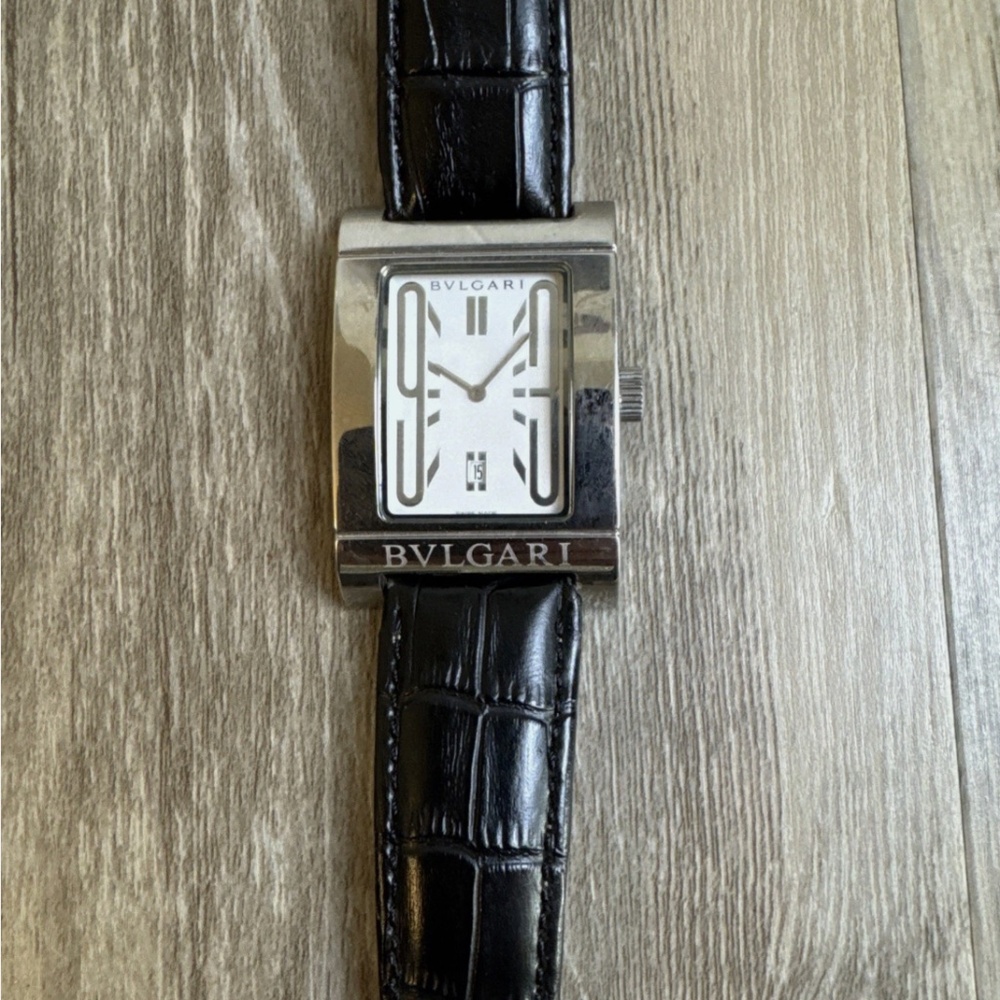 BVLGARI Rettangolo RT45S L3015 Swiss Quartz Watch Black Leather Strap